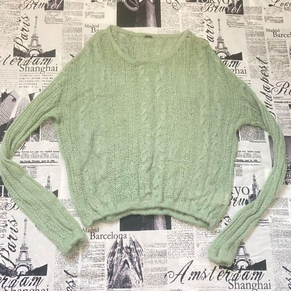 Free People Women's mint blue green sheer cropped knit sweater wool alpaca blend